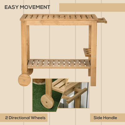 Outdoor Bar Cart, Wood Rolling Home Bar & Serving Cart ，2 Shelves, Wine Bottle Holders for Garden, Dining Room, Natural