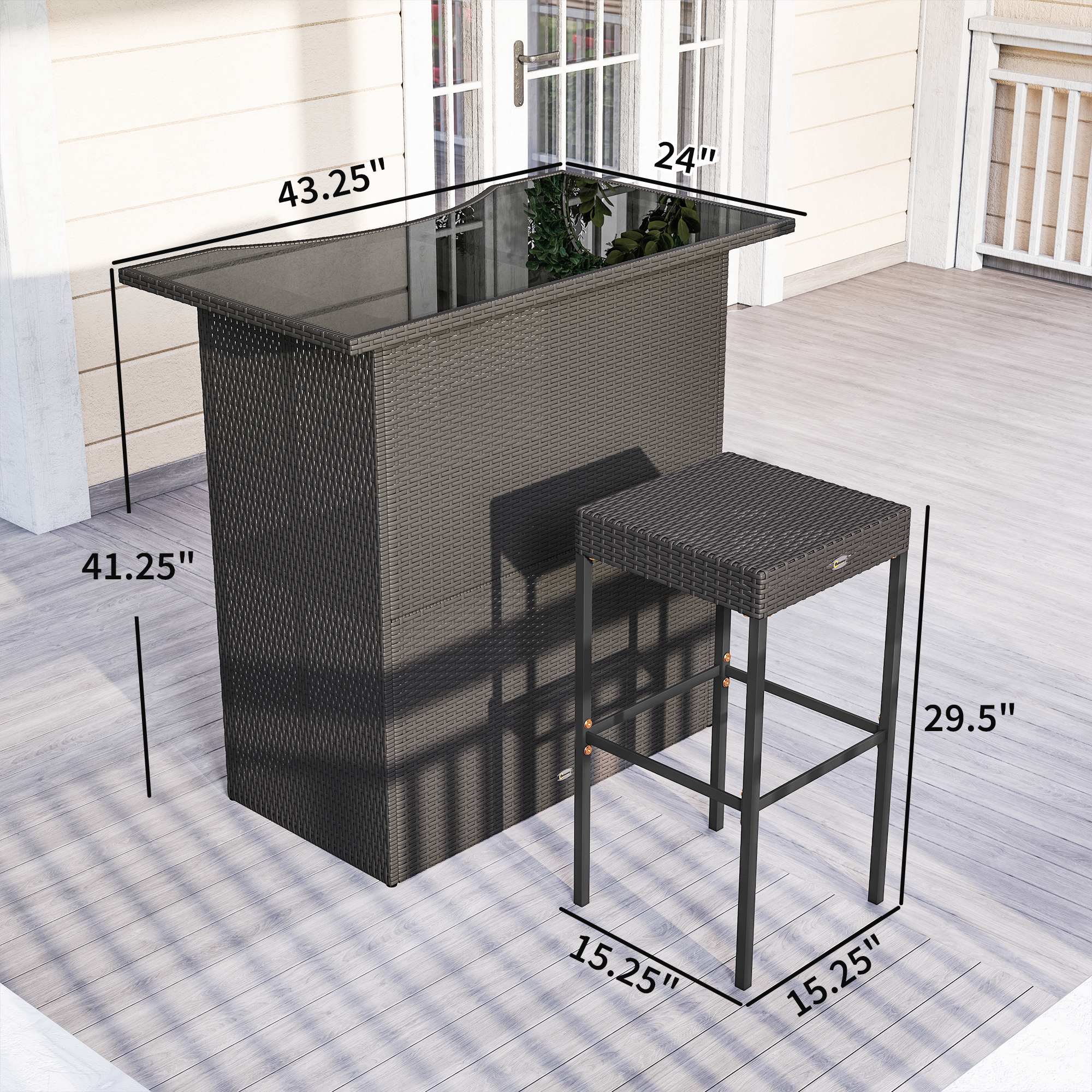 5 Piece Rattan Wicker Bar Set, High Top Outdoor Table and Chairs, Bar Height Patio Set, 2 Shelves & 4 Bar Stools