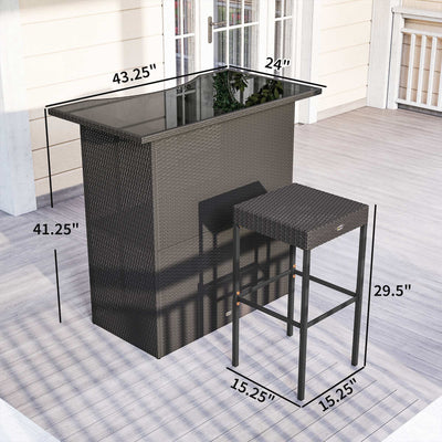 5 Piece Rattan Wicker Bar Set, High Top Outdoor Table and Chairs, Bar Height Patio Set, 2 Shelves & 4 Bar Stools