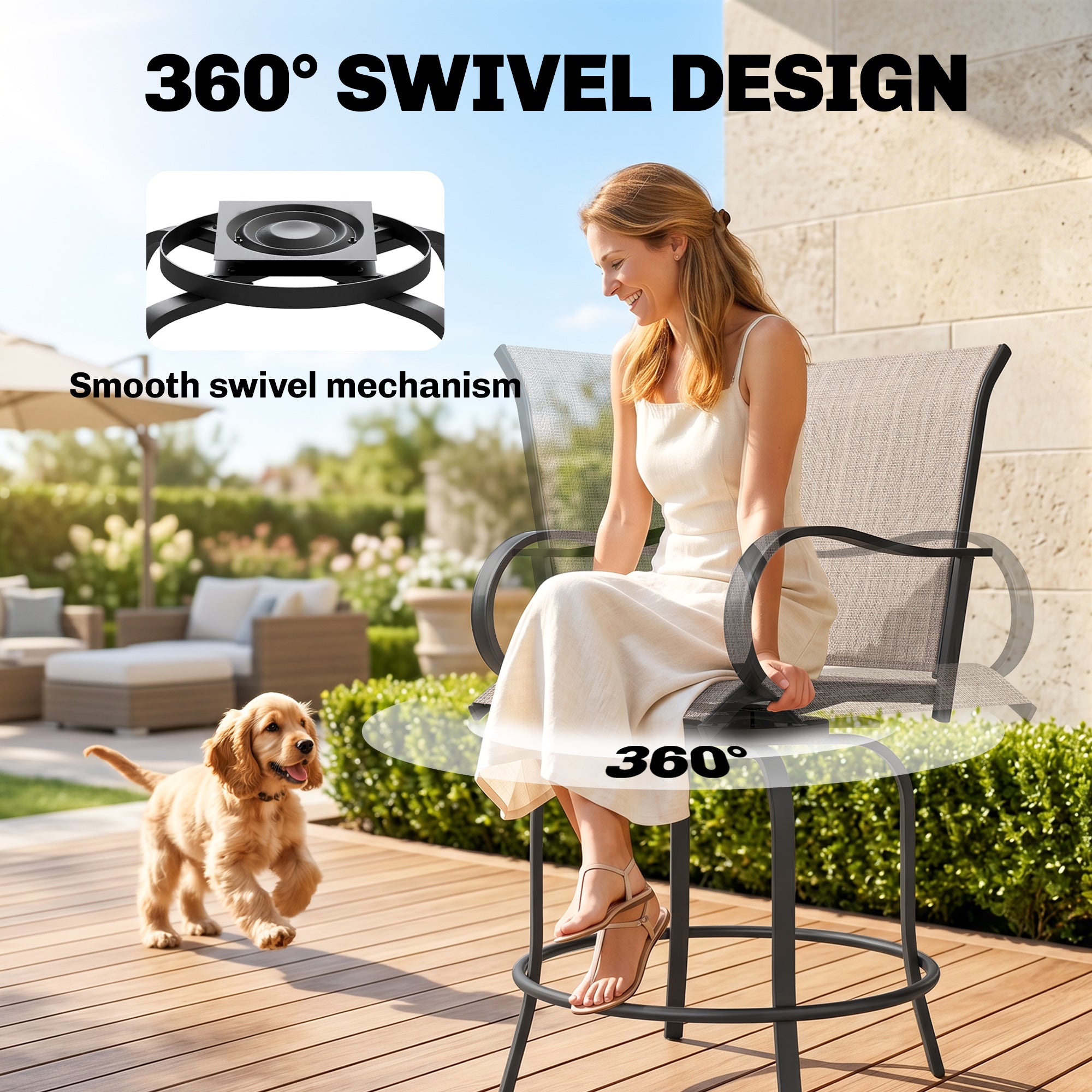 Outdoor Bar Stools Set of 2, 360° Swivel Bar Height Chairs, 26.75" x 29.5" x 48.5"