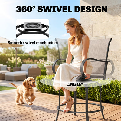 Outdoor Bar Stools Set of 2, 360° Swivel Bar Height Chairs, 26.75" x 29.5" x 48.5"