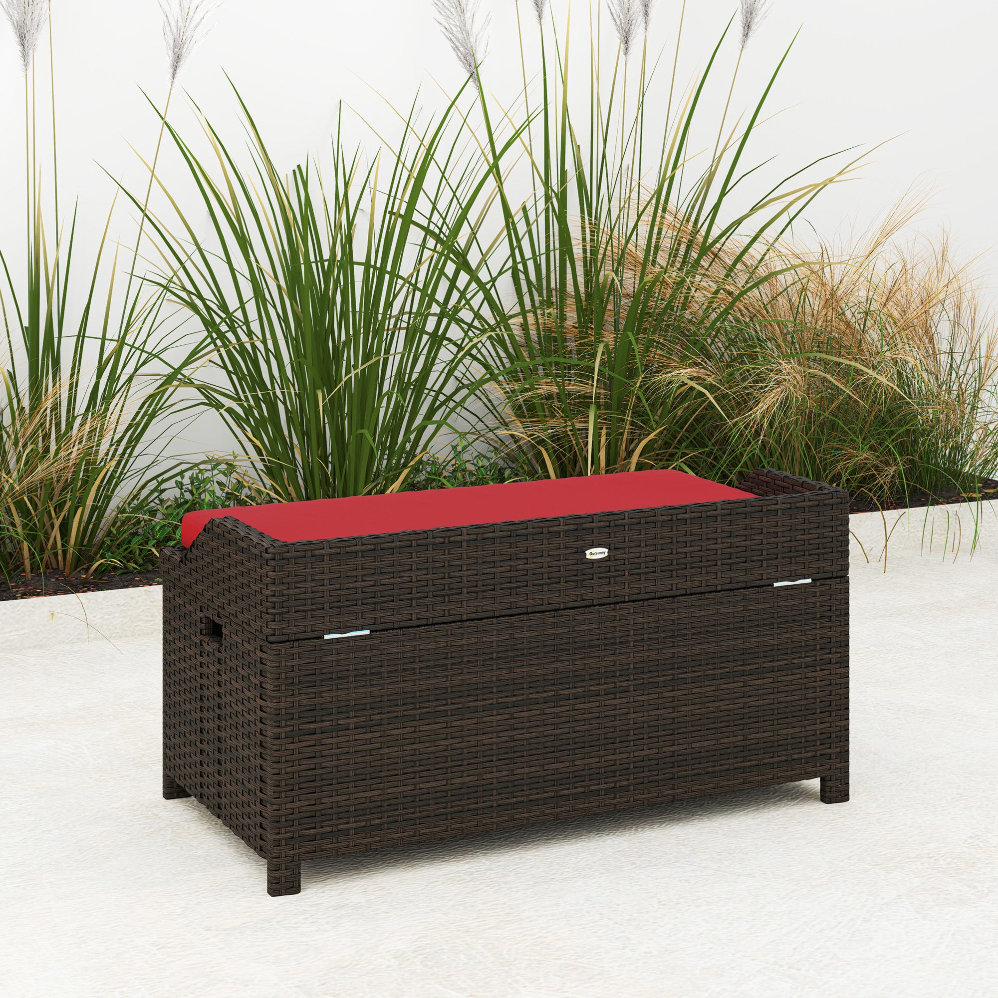 Outdoor Wicker Storage Bench with Storage & Cushion, Red