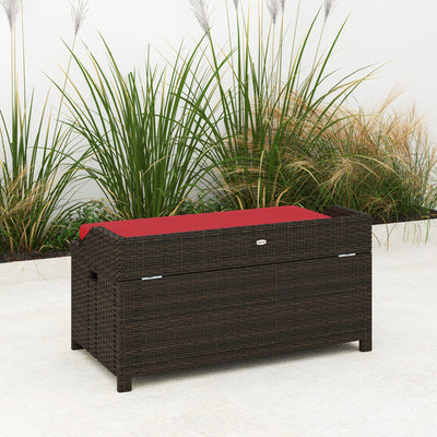 Outdoor Wicker Storage Bench with Storage & Cushion, Red