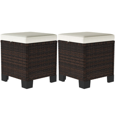 2 Piece Wicker Outdoor Ottomans with Cushions, Rattan Ottoman Footrest and Side Table for Patio, Yard, Poolside