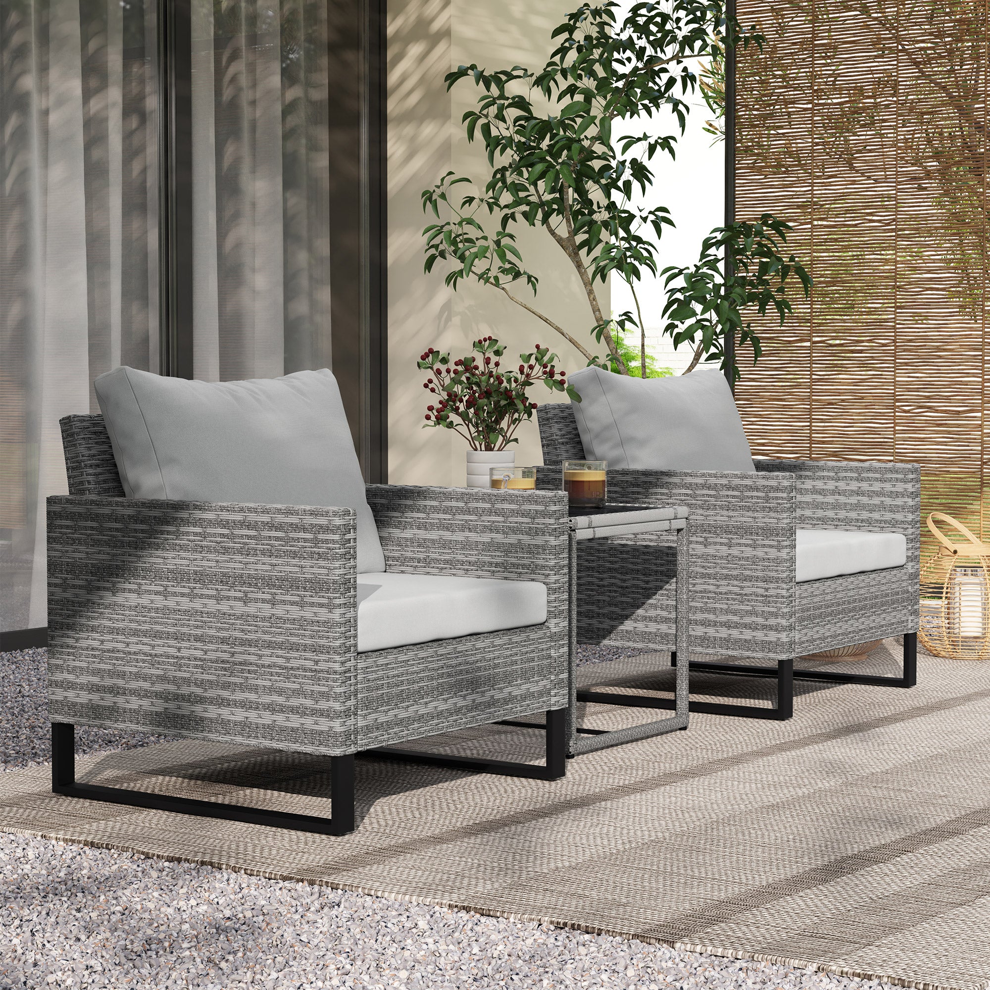 3PCS Patio Set, Wicker Bistro Set with Cushions, Rattan Chairs, Glass Coffee Table for Backyard, Porch, Balcony, Gray