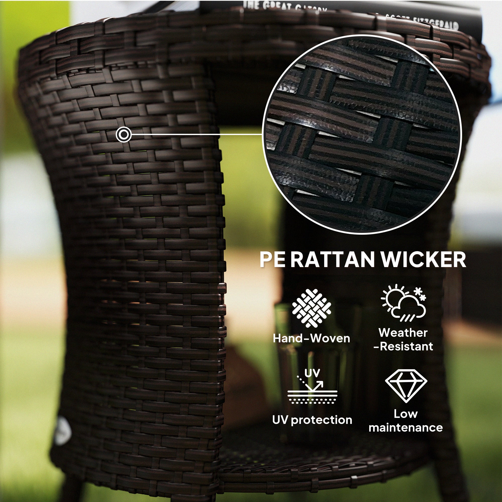 18" Wicker Outdoor Coffee Table, PE Rattan Patio Side Table with 2-Tier Storage, Composite Wood Top