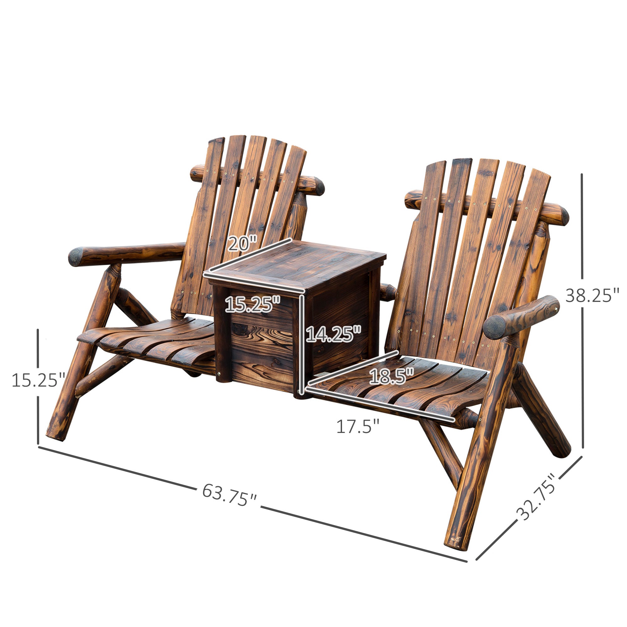 Double Wooden Adirondack Chair with Ice Bucket, Outdoor Loveseat with High Backrest, Smooth Armrest, Rustic Brown