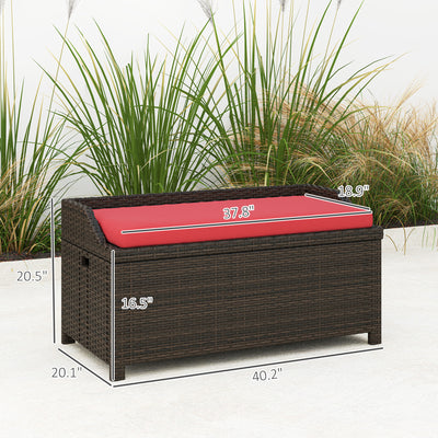 Outdoor Wicker Storage Bench with Storage & Cushion, Red