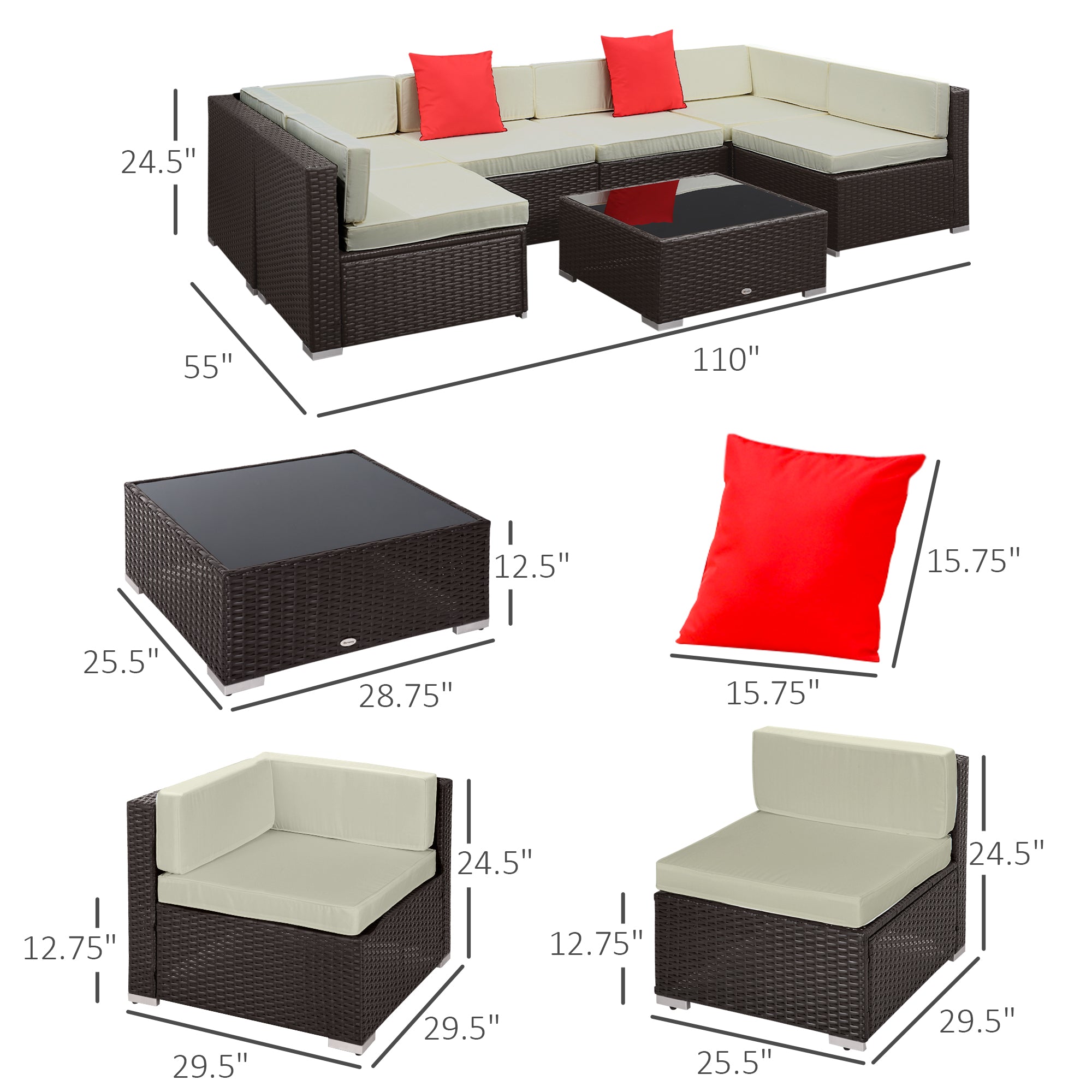 7 Piece Outdoor Patio Sofa Set with Cushions, All Weather PE Rattan, 29.5" Sofa Section, Glass Top Coffee Table for Outdoor Living, Beige