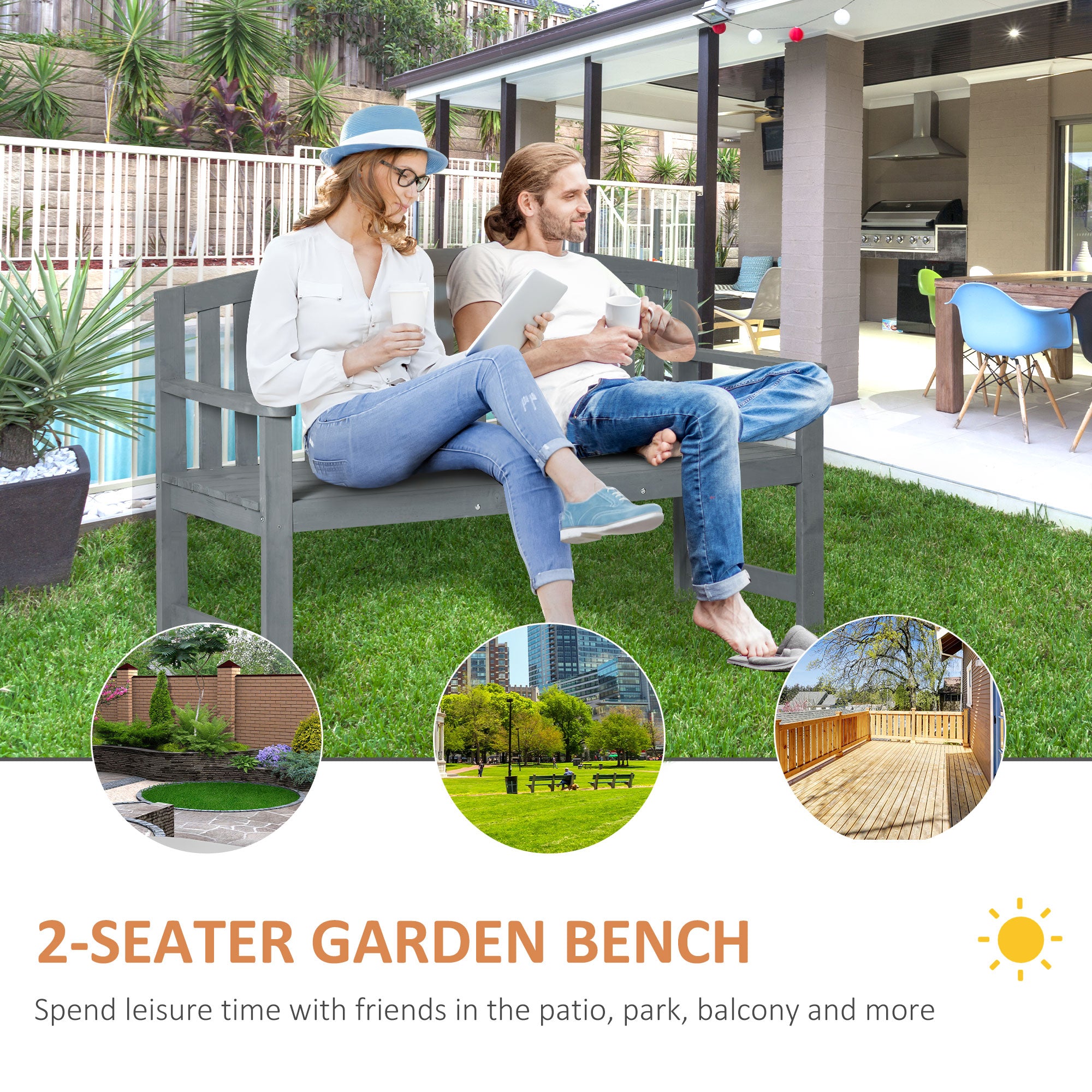 56" Outdoor Wood Bench, 2-Seater Garden Bench with Backrest and Armrest, Patio Bench for Patio, Porch, Poolside, Balcony, Gray