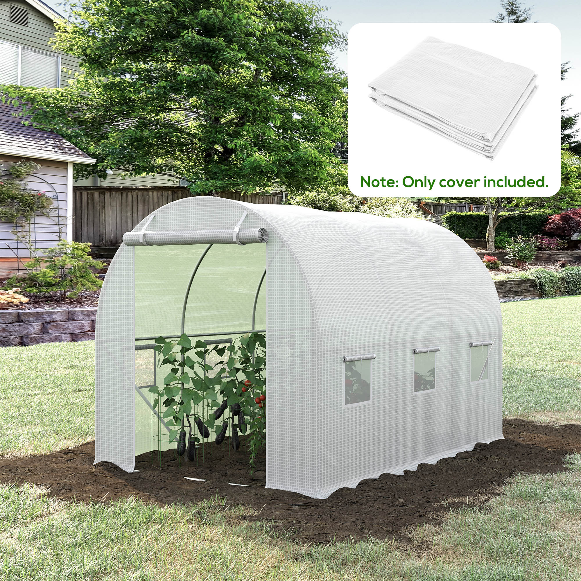 9.8' x 6.6' x 6.6' Plastic Greenhouse Cover Replacement, Heavy Duty Waterproof Tarp for Hoop House, Sheeting with 6 Windows, Door & Reinforcement Grid