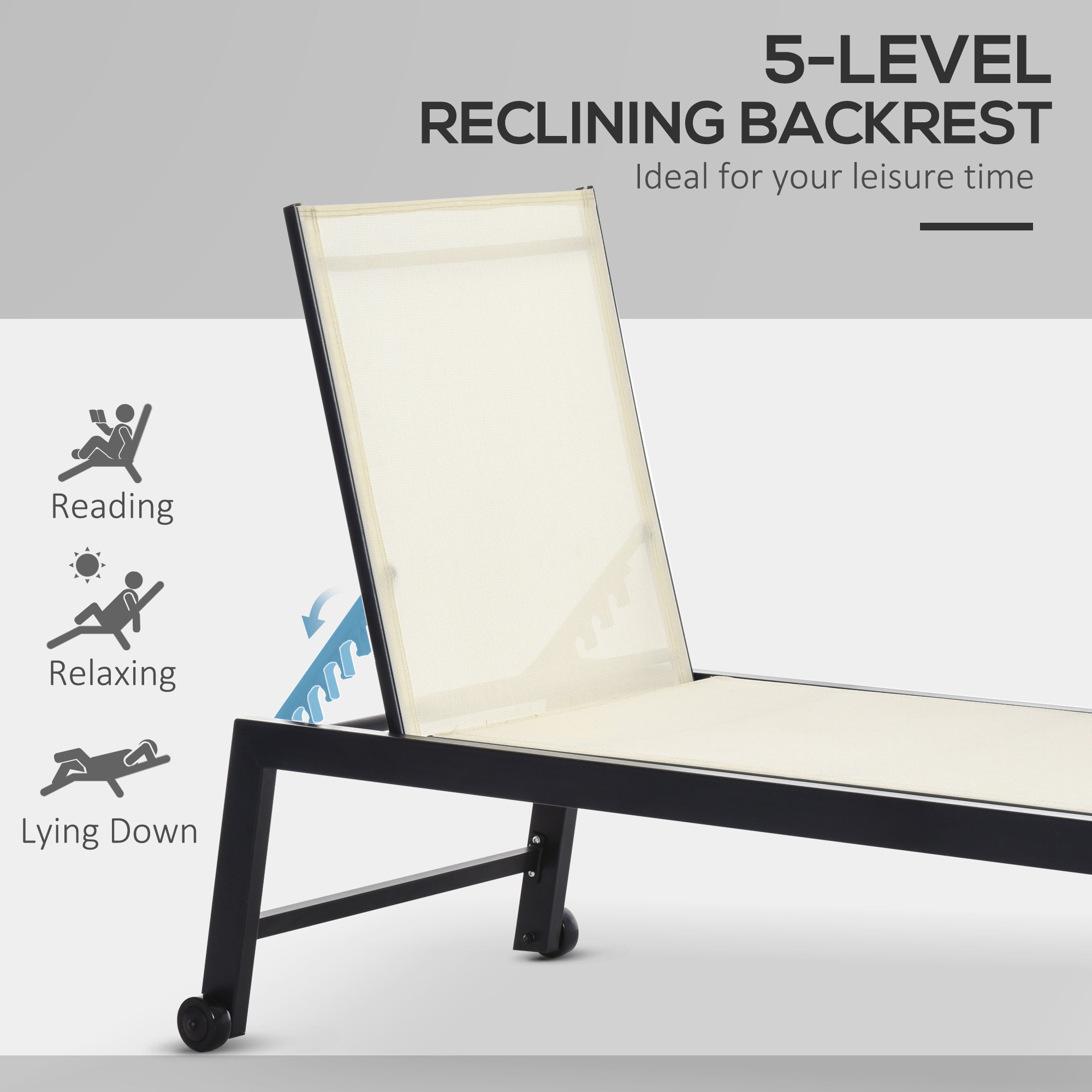 Outdoor Chaise Lounge with Wheels, Five Position Recliner for Sunbathing, Suntanning, Steel Frame, Breathable Fabric for Beach, Yard, Patio
