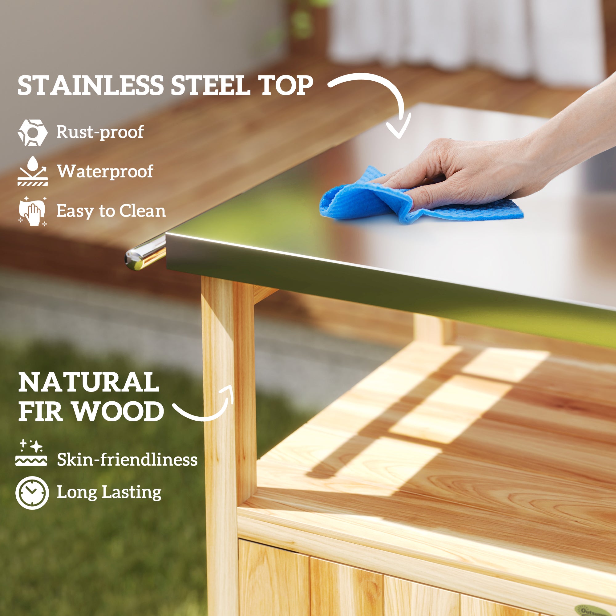 Outdoor Grill Cart w/ Stainless Steel Top, Solid Wood Outdoor Kitchen Island w/ Wheels, Integrated Hole
