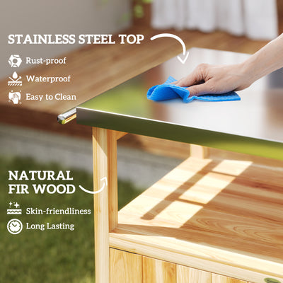 Outdoor Grill Cart w/ Stainless Steel Top, Solid Wood Outdoor Kitchen Island w/ Wheels, Integrated Hole