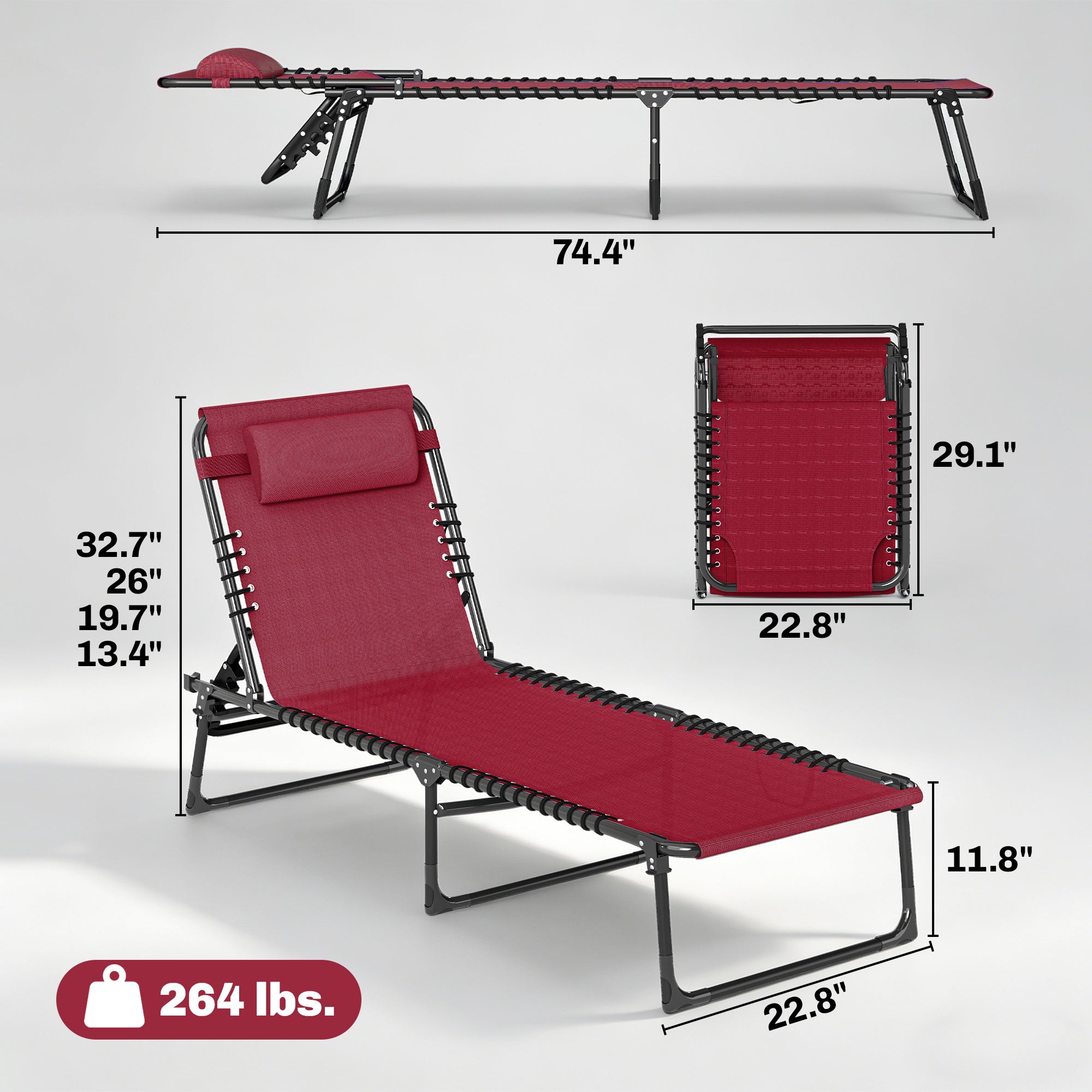 Foldable Chaise Lounge, 3-Position Reclining Back, Portable design and Breathable Mesh for Poolside, Camping, Hiking