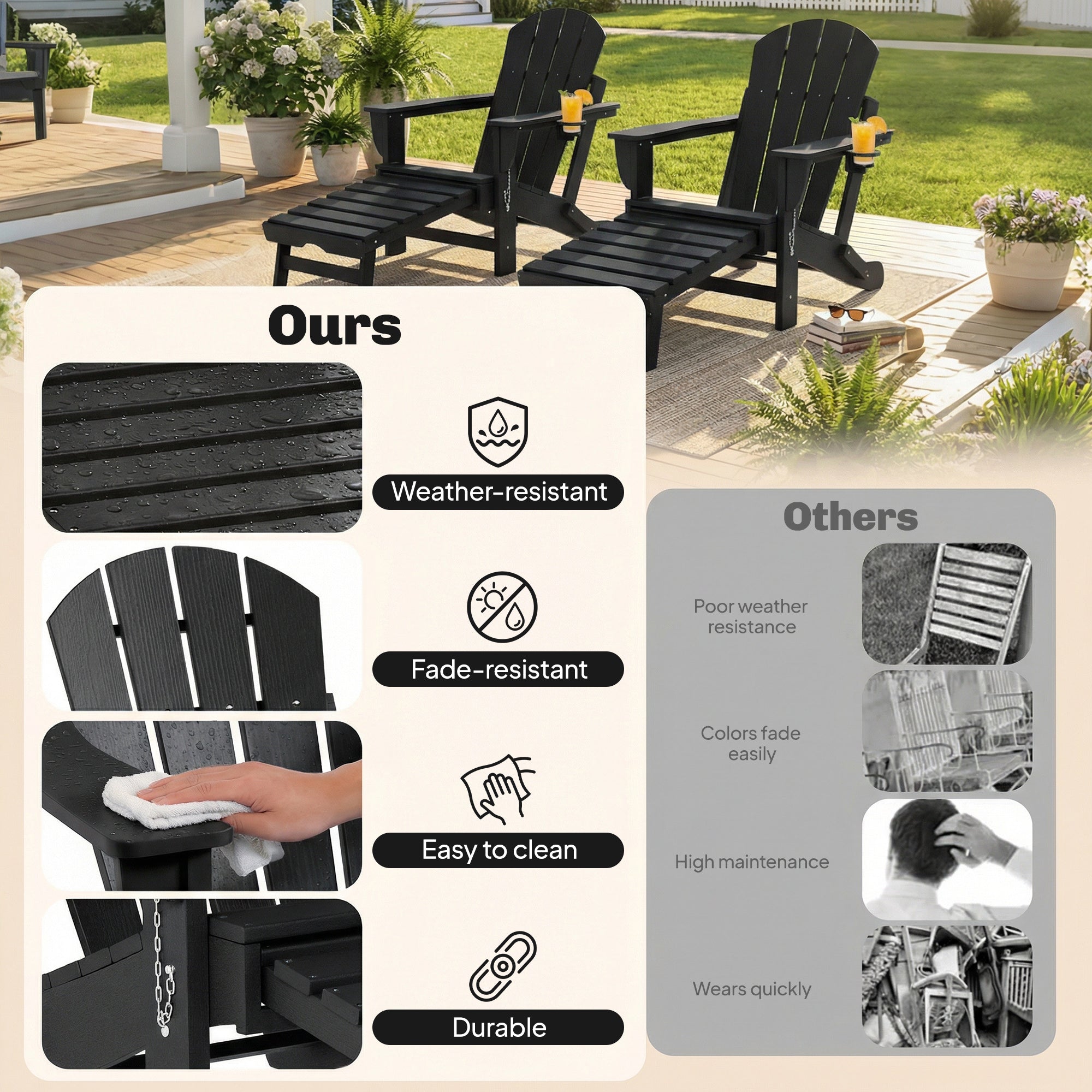 Folding Adirondack Chair Set of 2, HDPE Fire Pit Chair with Retractable Ottoman and Cup Holder