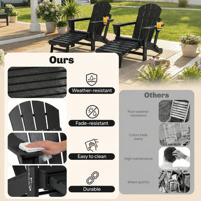 Folding Adirondack Chair Set of 2, HDPE Fire Pit Chair with Retractable Ottoman and Cup Holder