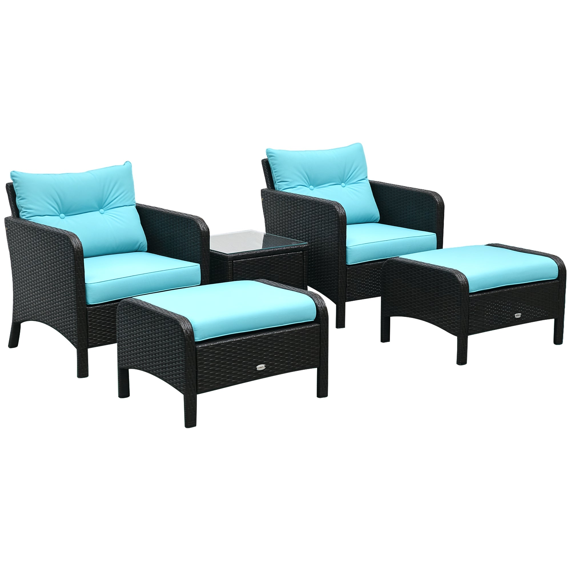 5 Pieces Rattan Wicker Lounge Chair Outdoor Patio Conversation Set with 2 Cushioned Chairs, 2 Ottomans and Tempered Glass Top Coffee Table