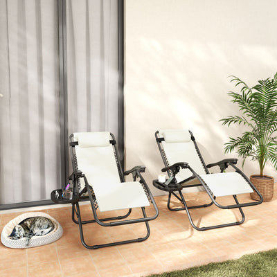 Zero Gravity Lounge Chair Set, 2 Pieces Reclining Folding Outdoor Lounge Chairs with Headrest Side Tray