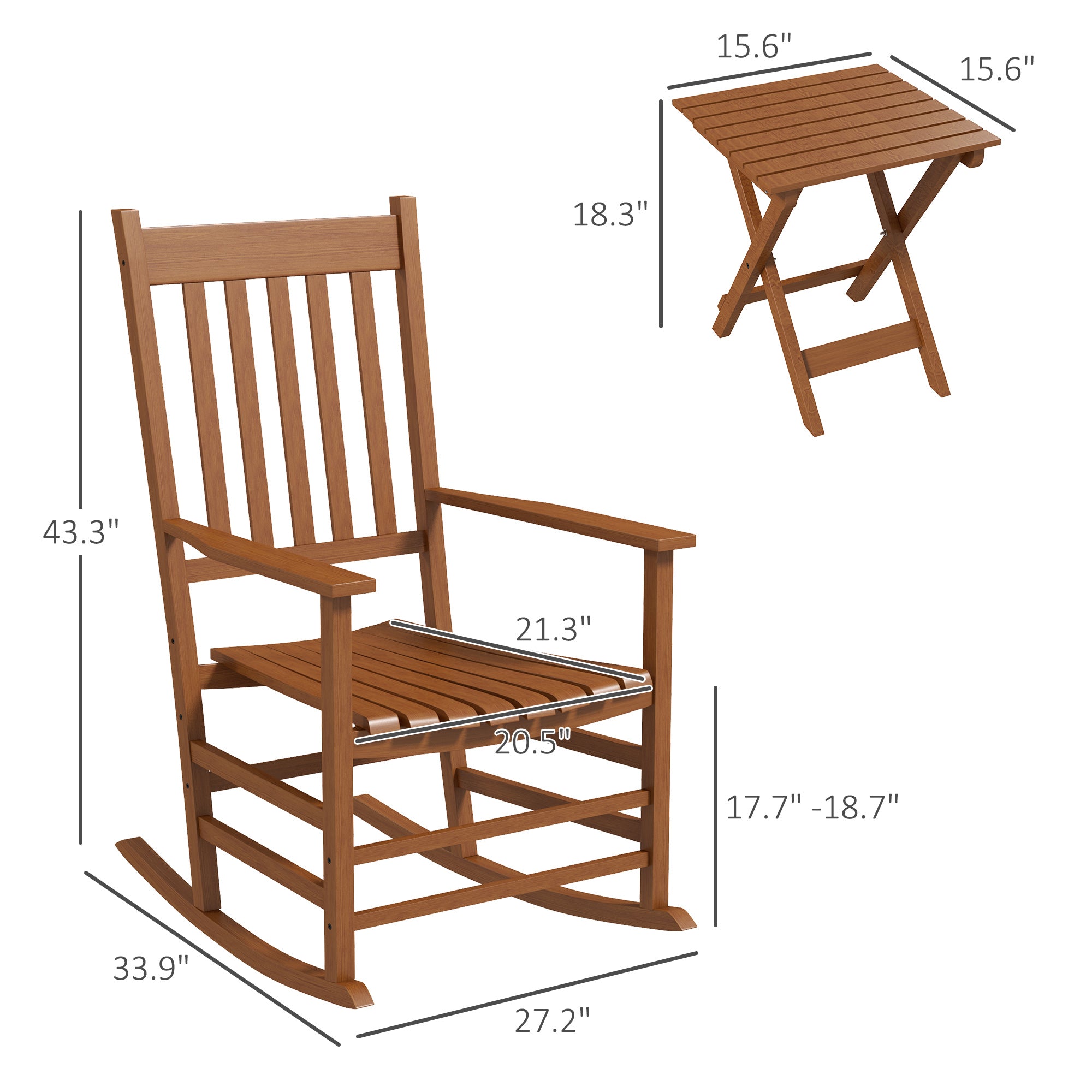 Outdoor Rocking Chair Set of 2 with Side Table, Patio Wooden Rocking Chair with Smooth Armrests, High Back for Garden, Balcony, Porch, Supports Up to 352 lbs.