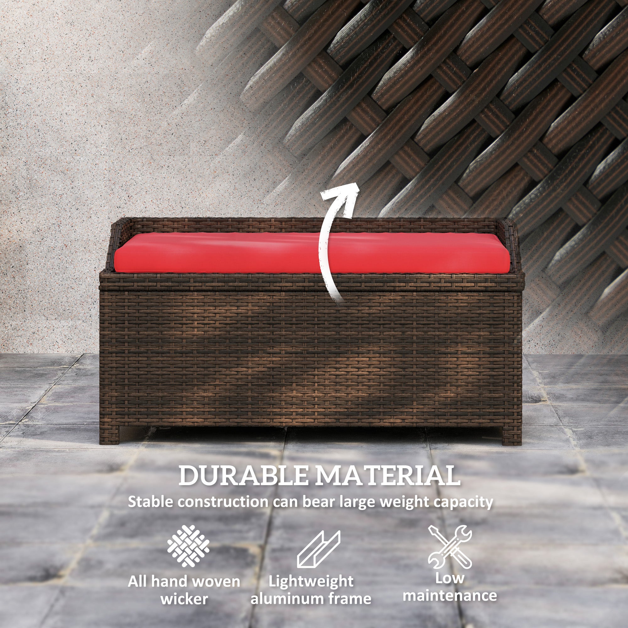 Outdoor Wicker Storage Bench with Storage & Cushion, Red