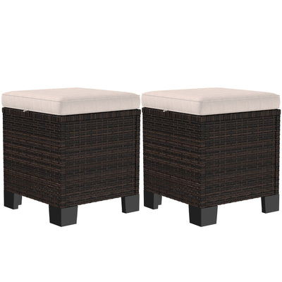 2 Piece Wicker Outdoor Ottomans with Cushions, Rattan Ottoman Footrest and Side Table for Patio, Yard, Poolside