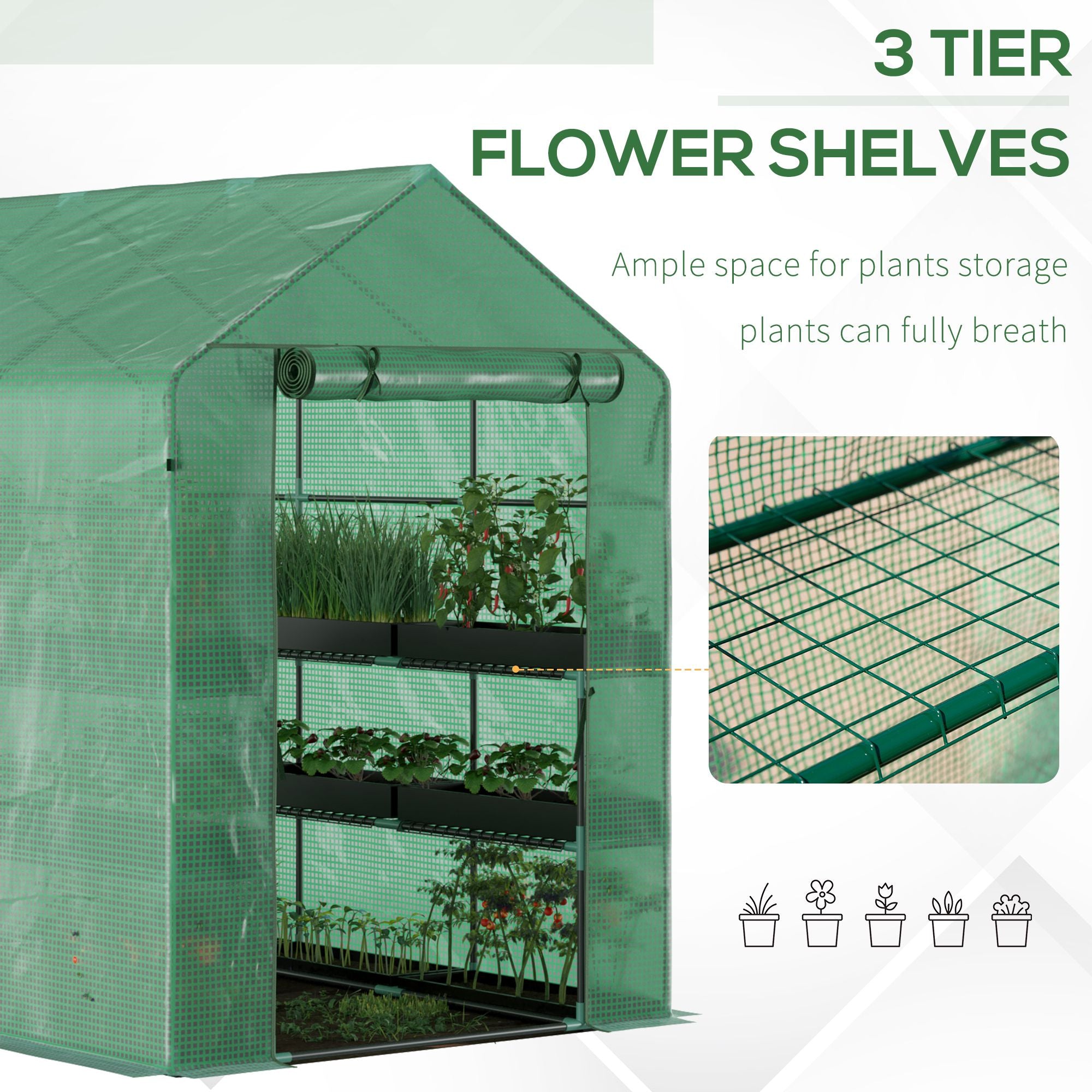 7' x 5' x 6' Walk-in Greenhouse for Outdoors with Mesh Door, 18 Shelf Hot House with Trellis, Plant Labels, UV Protective, Steel Frame for Growing Flowers, Herbs, Vegetables, Saplings, Green