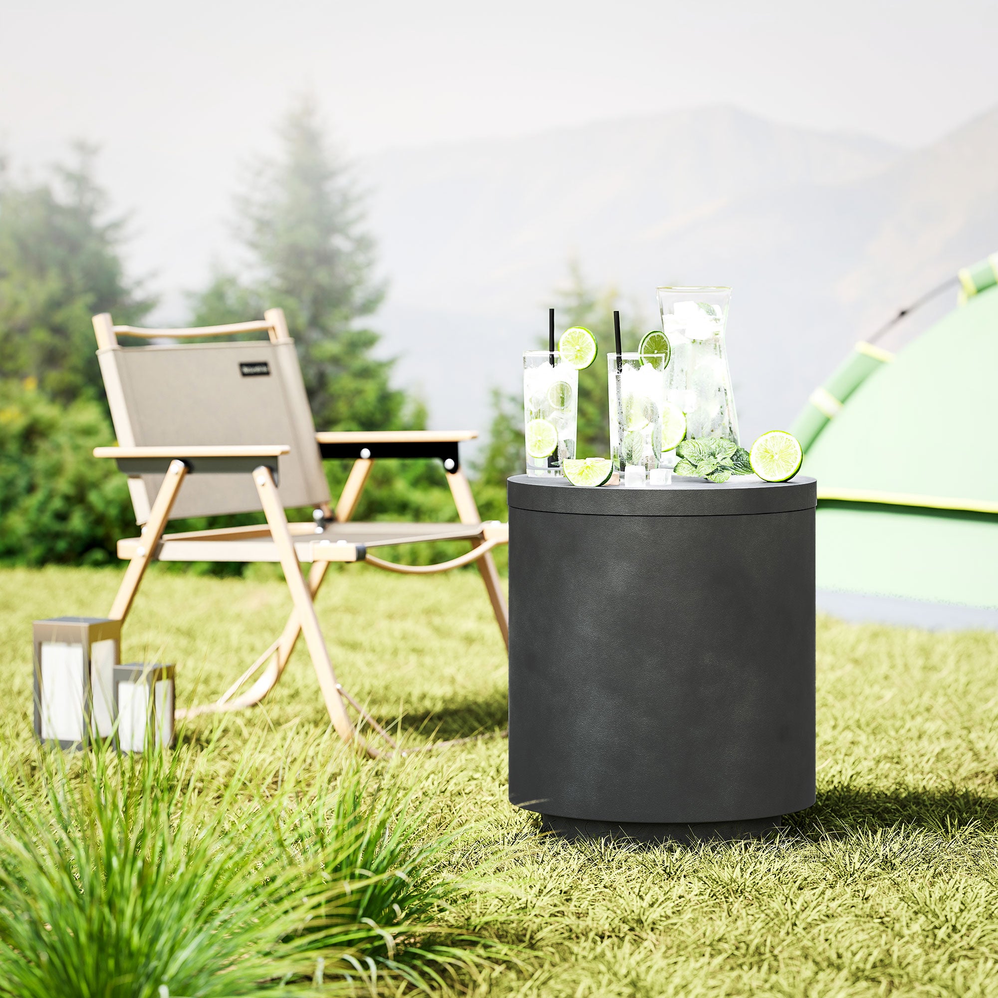 2.6 Gal Outdoor Side Table, 3-In-1 Concrete Cooler Bar Table with Storage, Removable Ice Bucket and Lid
