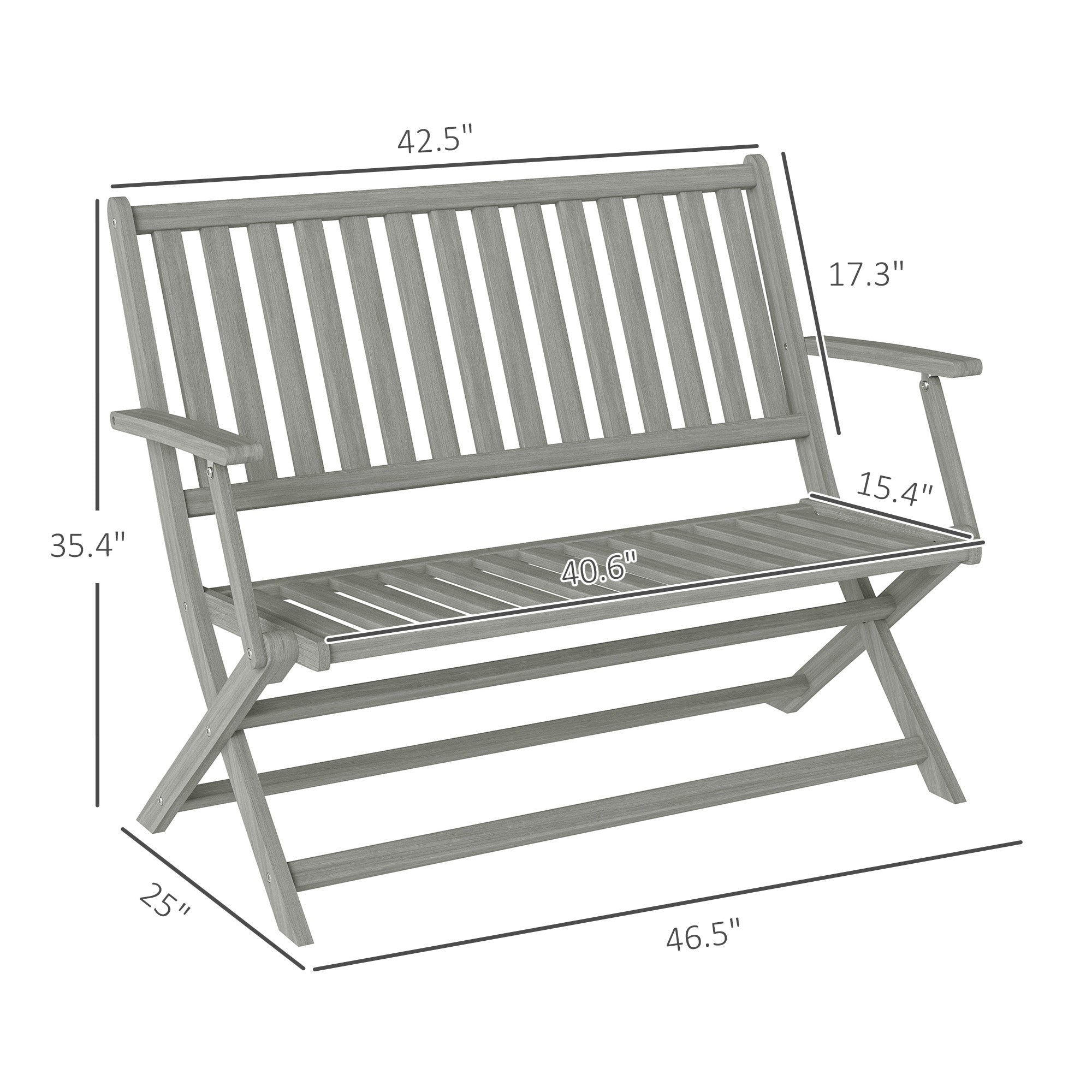 2-Person Foldable Wood Outdoor Bench with Backrest and Armrests for Garden, Porch, Park, Balcony, Gray