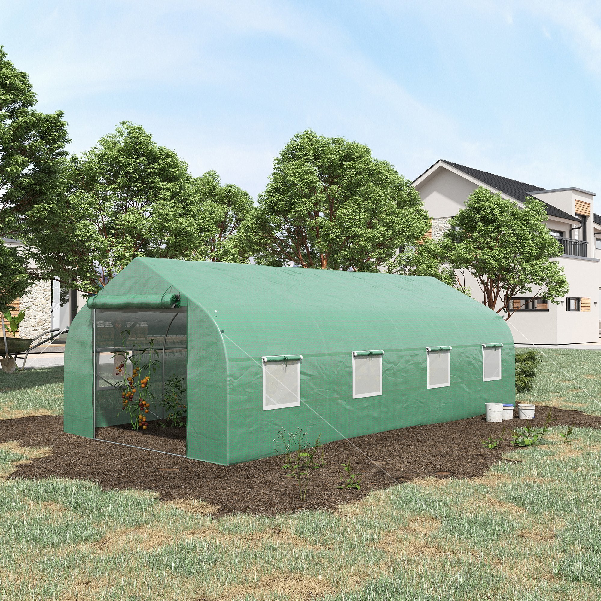 20' x 10' x 7' Walk-in Tunnel Greenhouse with Zippered Mesh Door and 8 Mesh Windows, Gardening Plant Hot House with Galvanized Steel Hoops