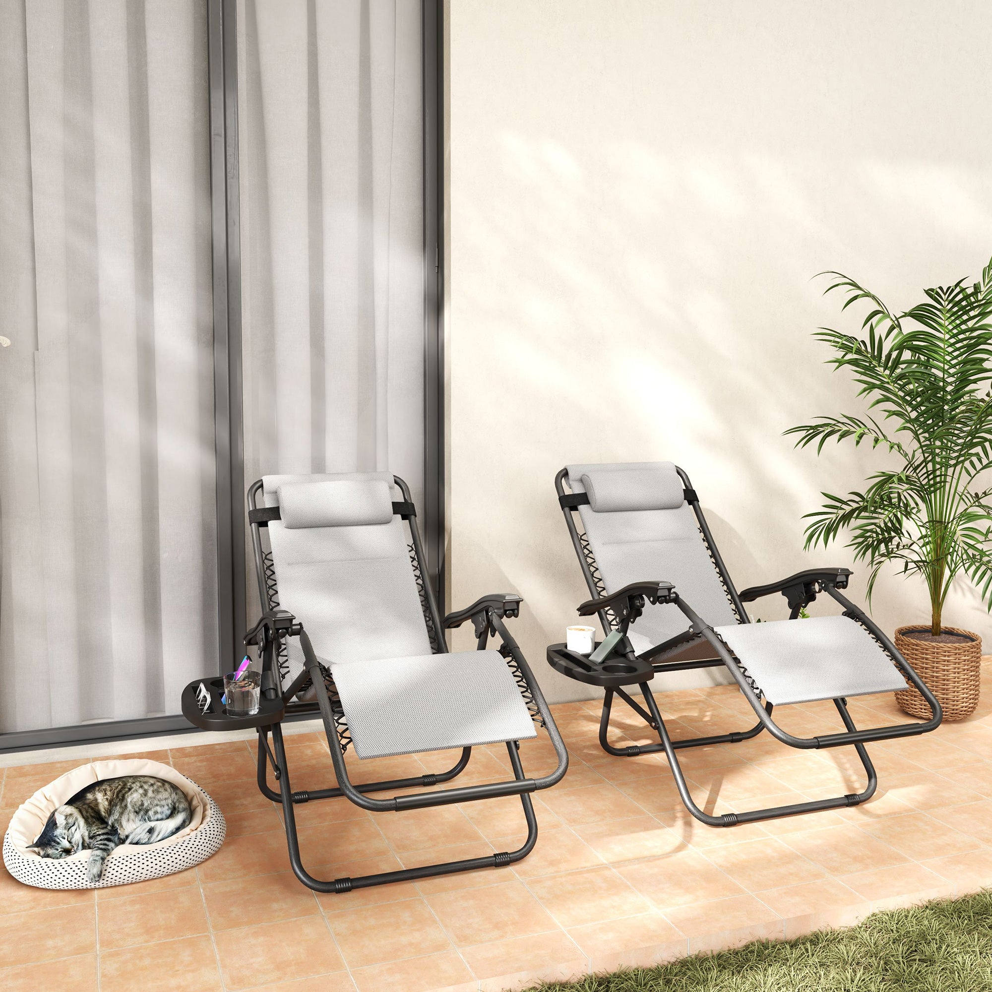 Zero Gravity Lounge Chair Set, 2 Pieces Reclining Folding Outdoor Lounge Chairs with Headrest Side Tray