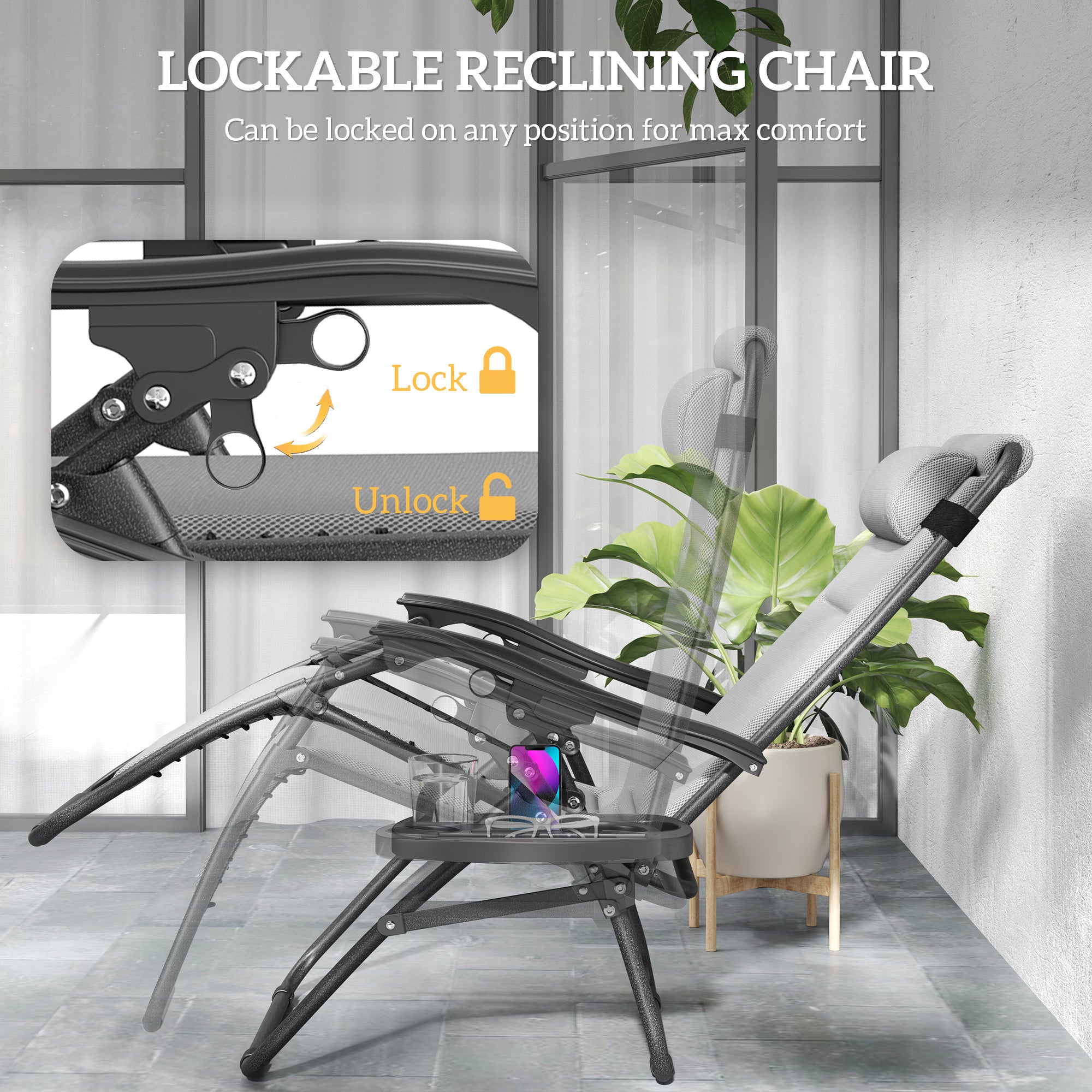 Zero Gravity Lounge Chair Set, 2 Pieces Reclining Folding Outdoor Lounge Chairs with Headrest Side Tray