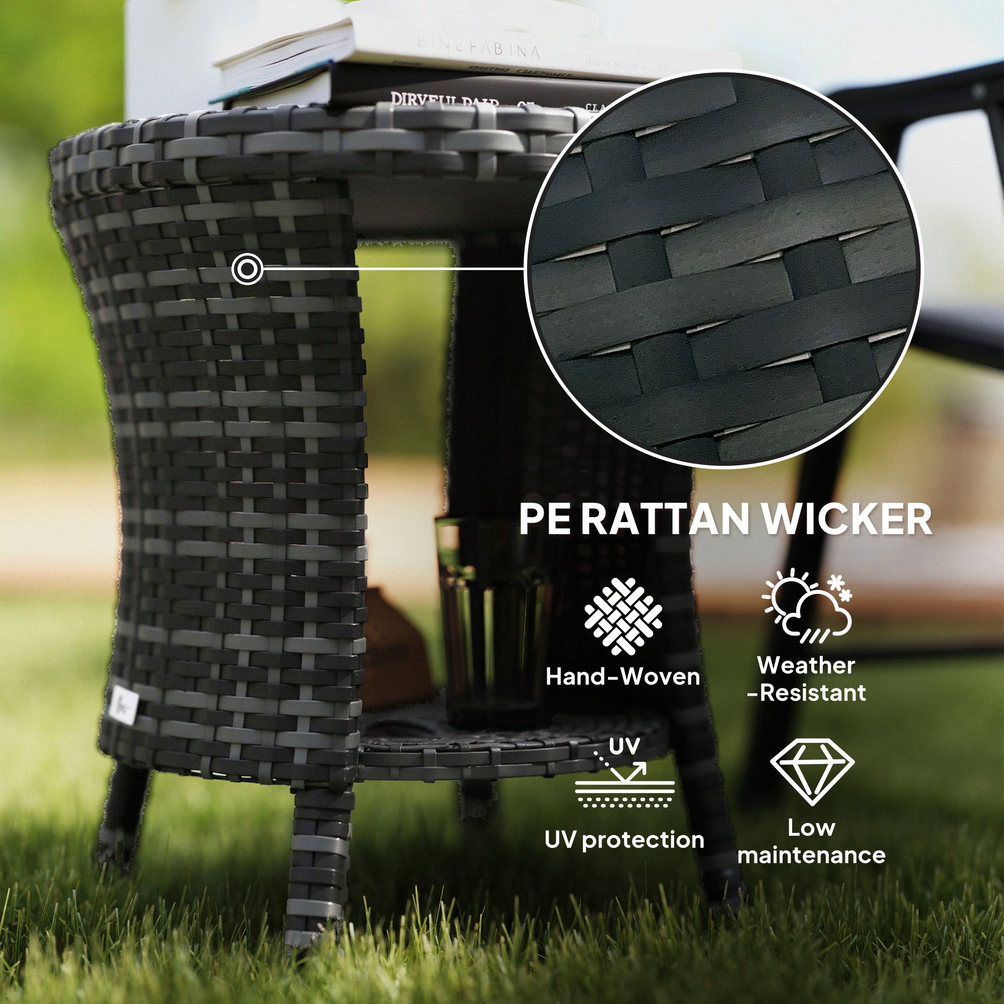 18" Wicker Outdoor Coffee Table, PE Rattan Patio Side Table with 2-Tier Storage, Composite Wood Top