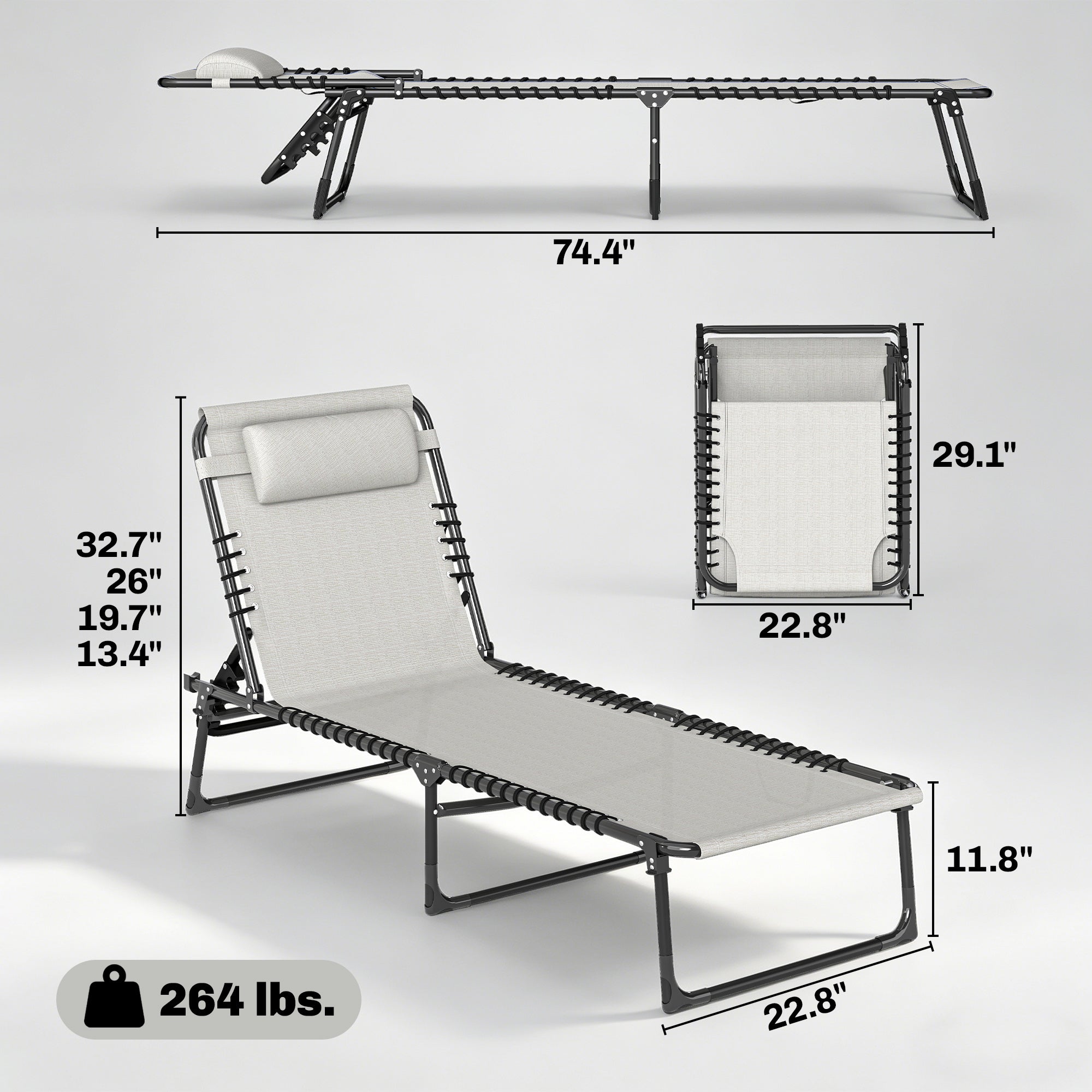 2 Folding Chaise Lounge Pool Chairs with 4-Position Reclining Back, Pillow, Breathable Mesh & Bungee Seat