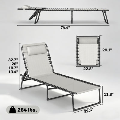 2 Folding Chaise Lounge Pool Chairs with 4-Position Reclining Back, Pillow, Breathable Mesh & Bungee Seat