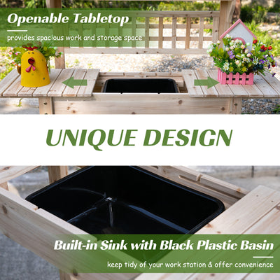 Outdoor Potting Bench Table, Wooden Workstation with Sliding Tabletop, Storage Shelf and Dry Sink, for Greenhouse, Garden, Patio