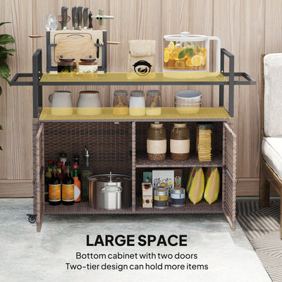 2-Tier Shelf PE Rattan Outdoor Bar Table, Glass Top Outdoor Serving Cart with Cabinet