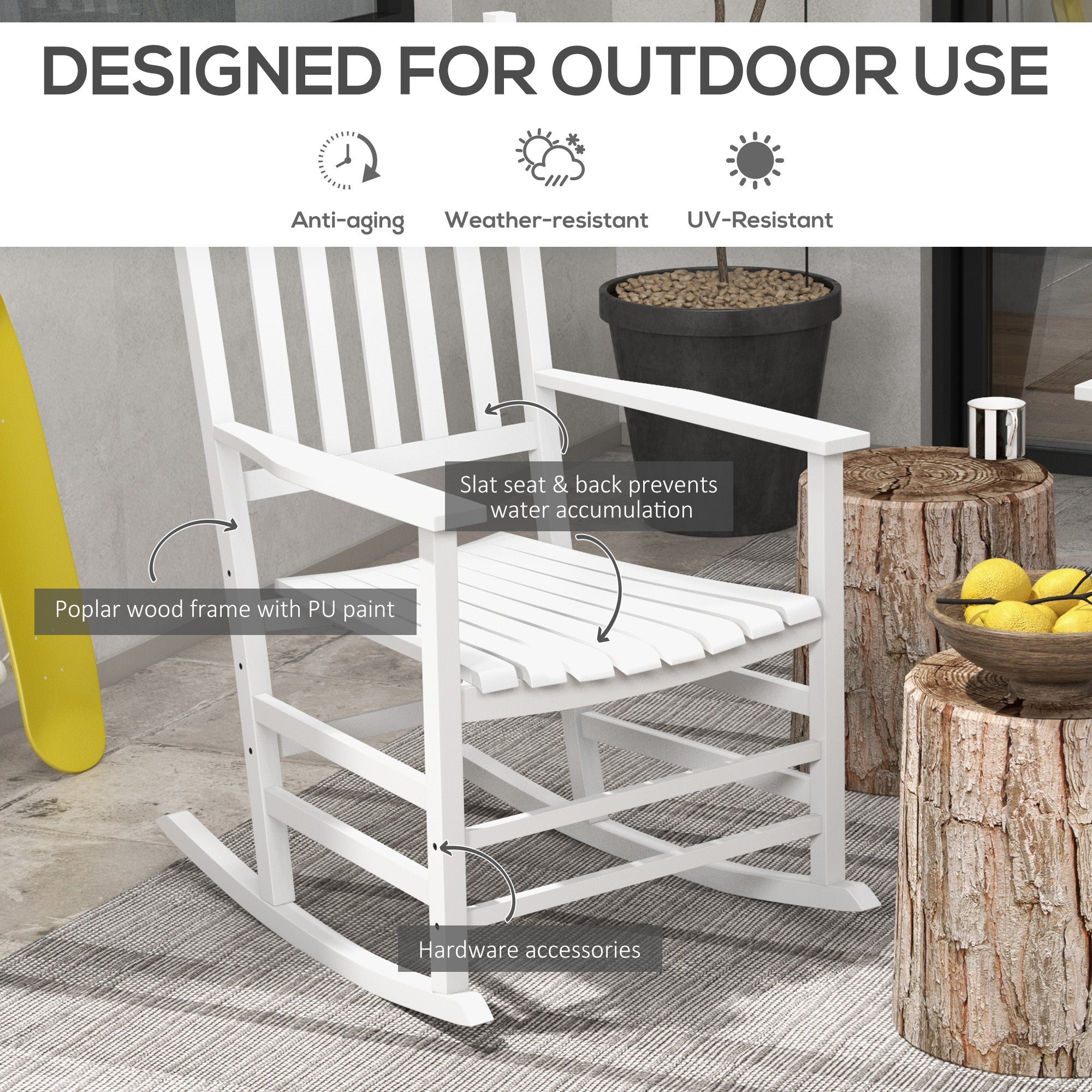 Outdoor Rocking Chair Set of 2, Patio Rocking Chair with Smooth Curves, High Density Wooden Rockers for Lawn Garden Porch, Supports Up to 350lbs