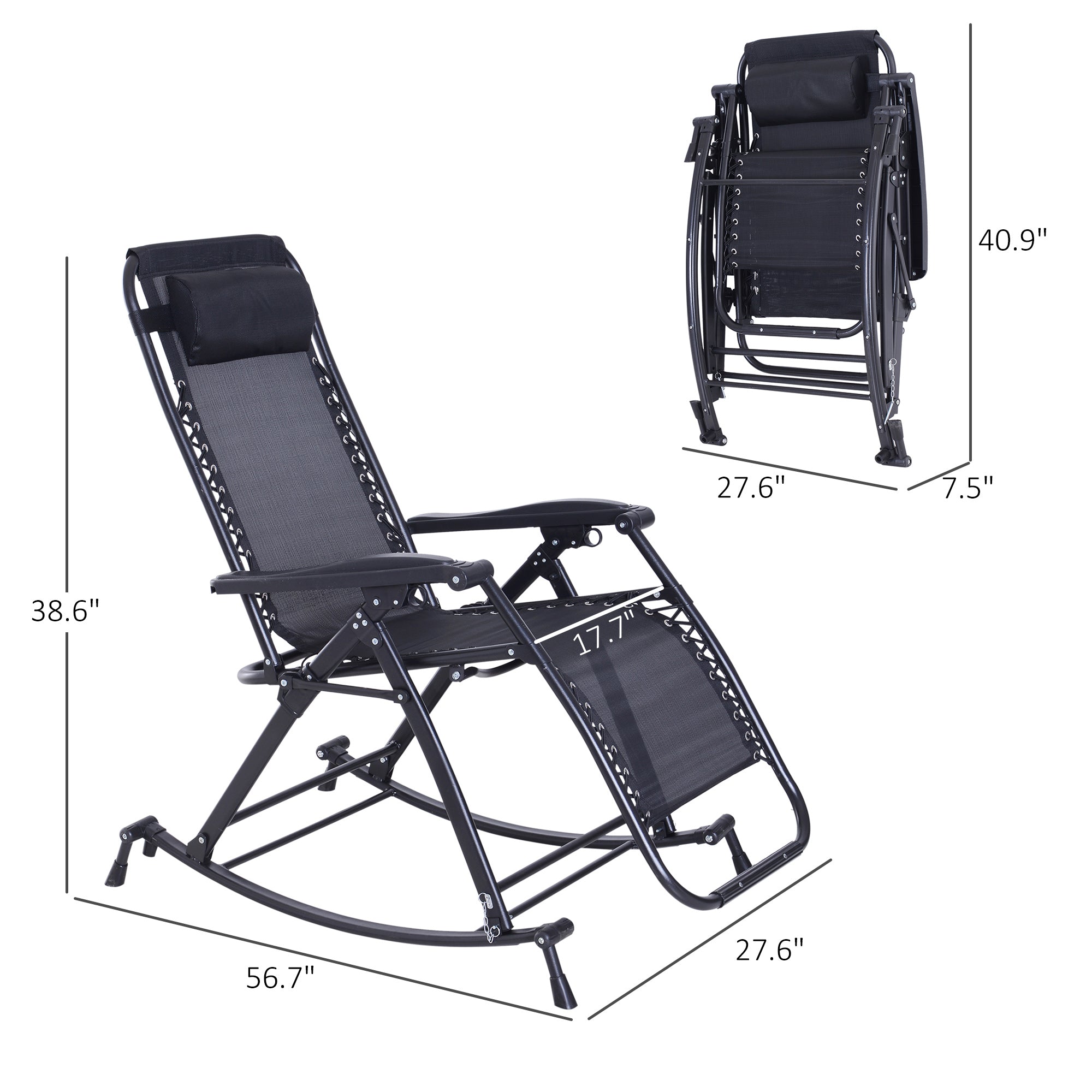 Outdoor Rocking Chairs, Foldable Reclining Zero Gravity Lounge Rocker with Pillow, Cup & Phone Holder, Combo Design with Folding Legs