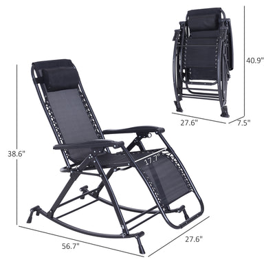 Outdoor Rocking Chairs, Foldable Reclining Zero Gravity Lounge Rocker with Pillow, Cup & Phone Holder, Combo Design with Folding Legs