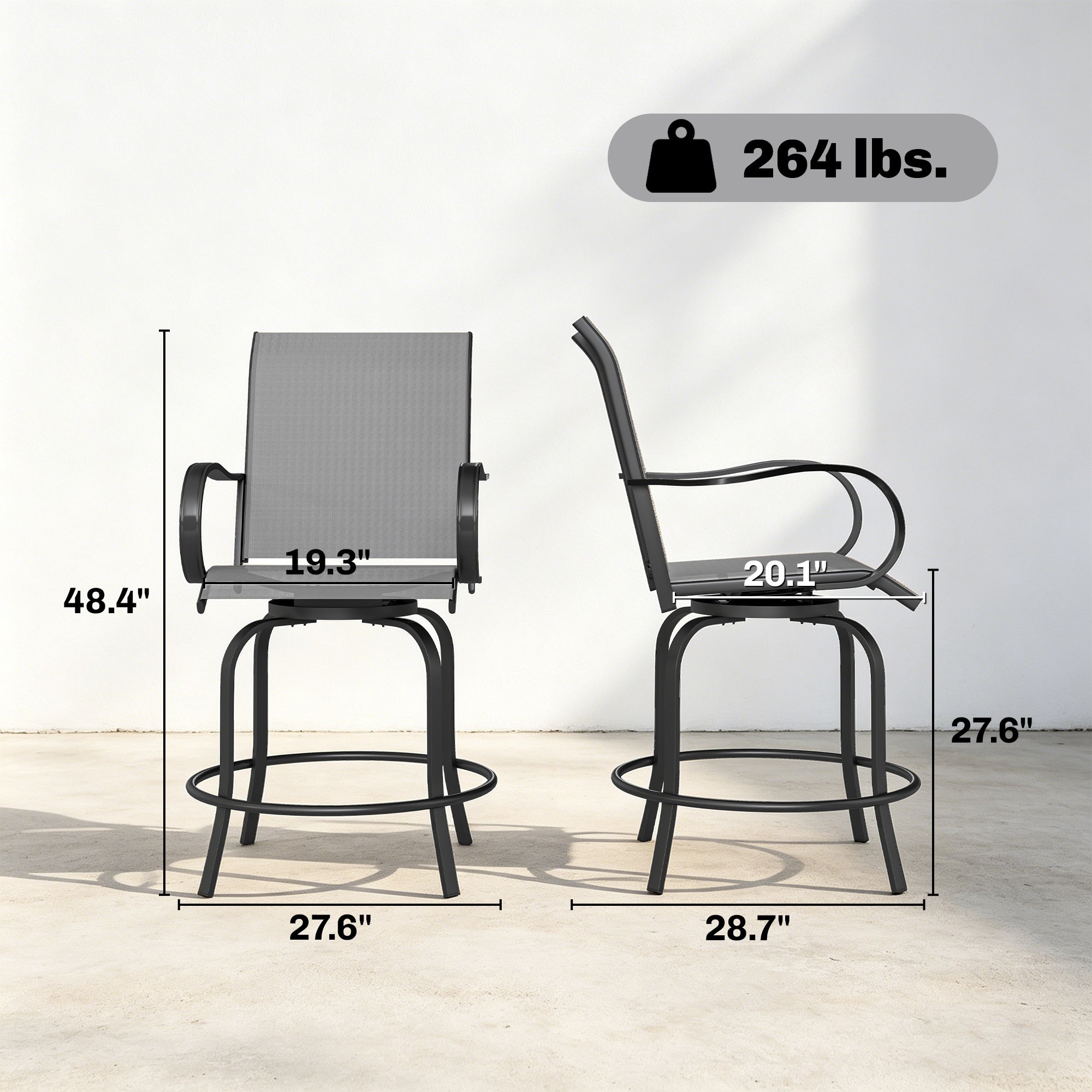Outdoor Bar Stools Set of 2, 360° Swivel Bar Height Chairs, 26.75" x 29.5" x 48.5"