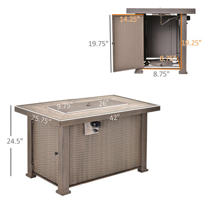 Propane Fire Pit Table, 30,000 BTU 42" Wicker-Effect Gas Fire Table, Auto-Ignition Rectangular Outdoor Firepit with Lid, Ceramic Tabletop, Lava Rocks and Rain Cover, CSA Certification, Gray
