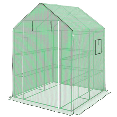 4.6' x 4.7' Portable Greenhouse, Water/UV Resistant Walk-In Small Outdoor Green House with 2 Tier U-Shaped Flower Rack Shelves, Roll Up Door & Windows