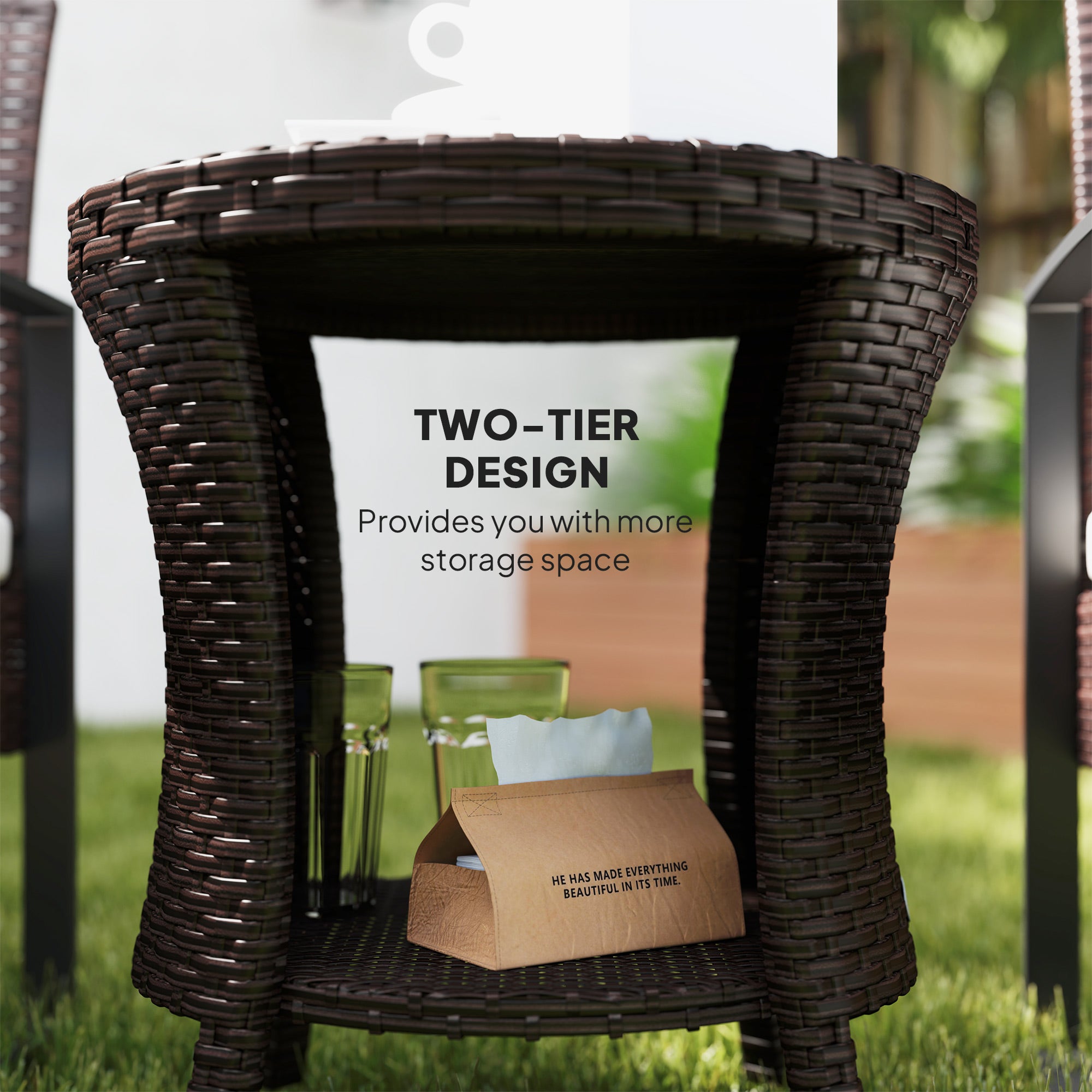 18" Wicker Outdoor Coffee Table, PE Rattan Patio Side Table with 2-Tier Storage, Composite Wood Top