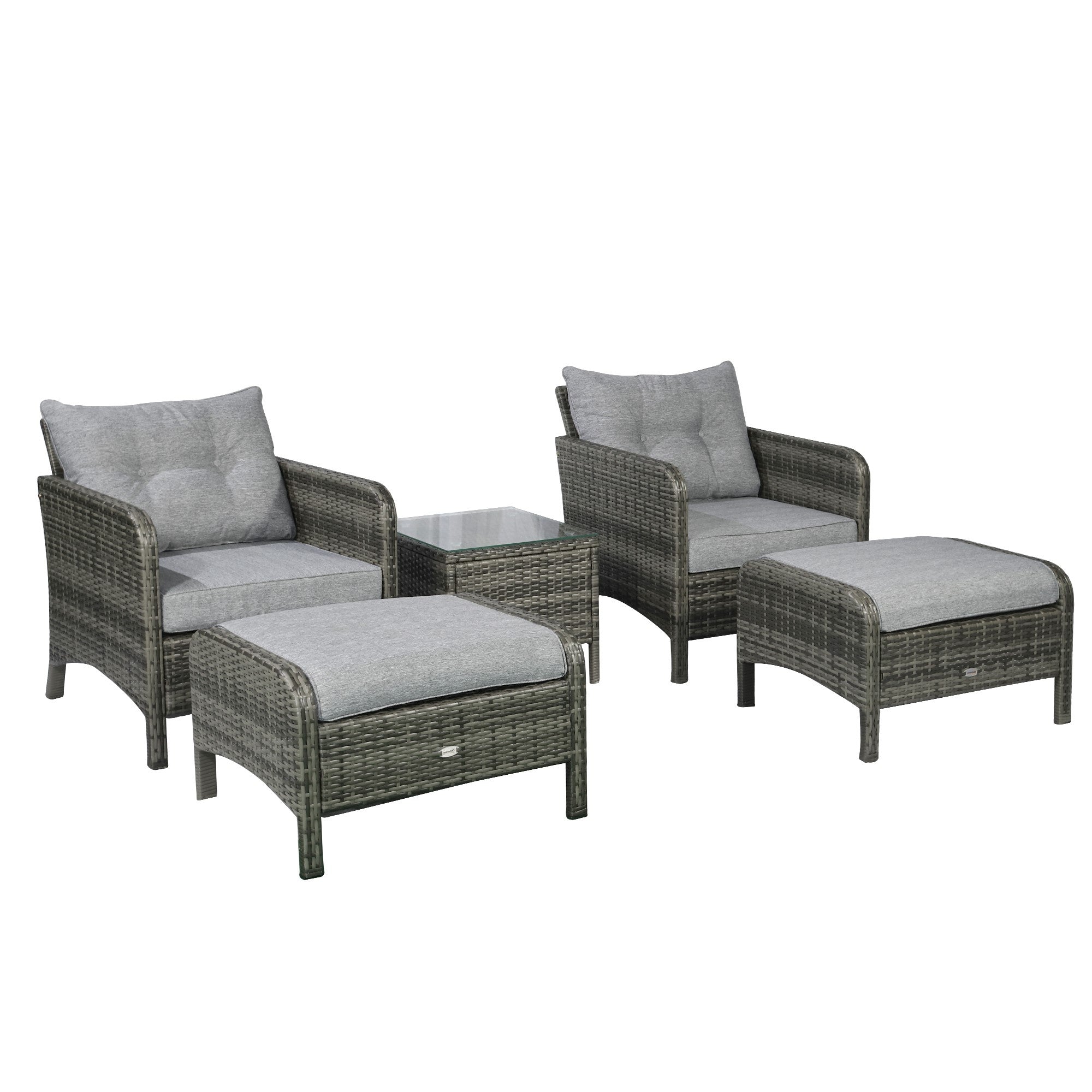 5 Pieces Rattan Wicker Lounge Chair Outdoor Patio Conversation Set with 2 Cushioned Chairs, 2 Ottomans and Tempered Glass Top Coffee Table