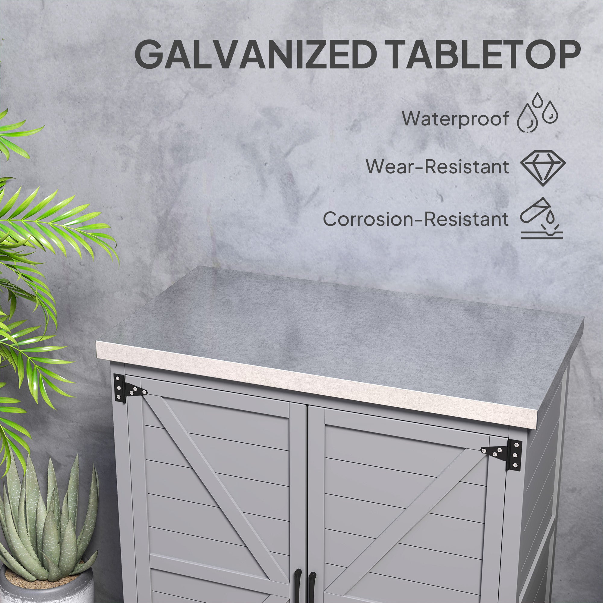 Wooden Storage Cabinet, Outdoor Prep Table with Metal Tabletop, Shelves and Double Doors for Patio, Garden
