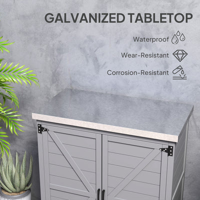 Wooden Storage Cabinet, Outdoor Prep Table with Metal Tabletop, Shelves and Double Doors for Patio, Garden