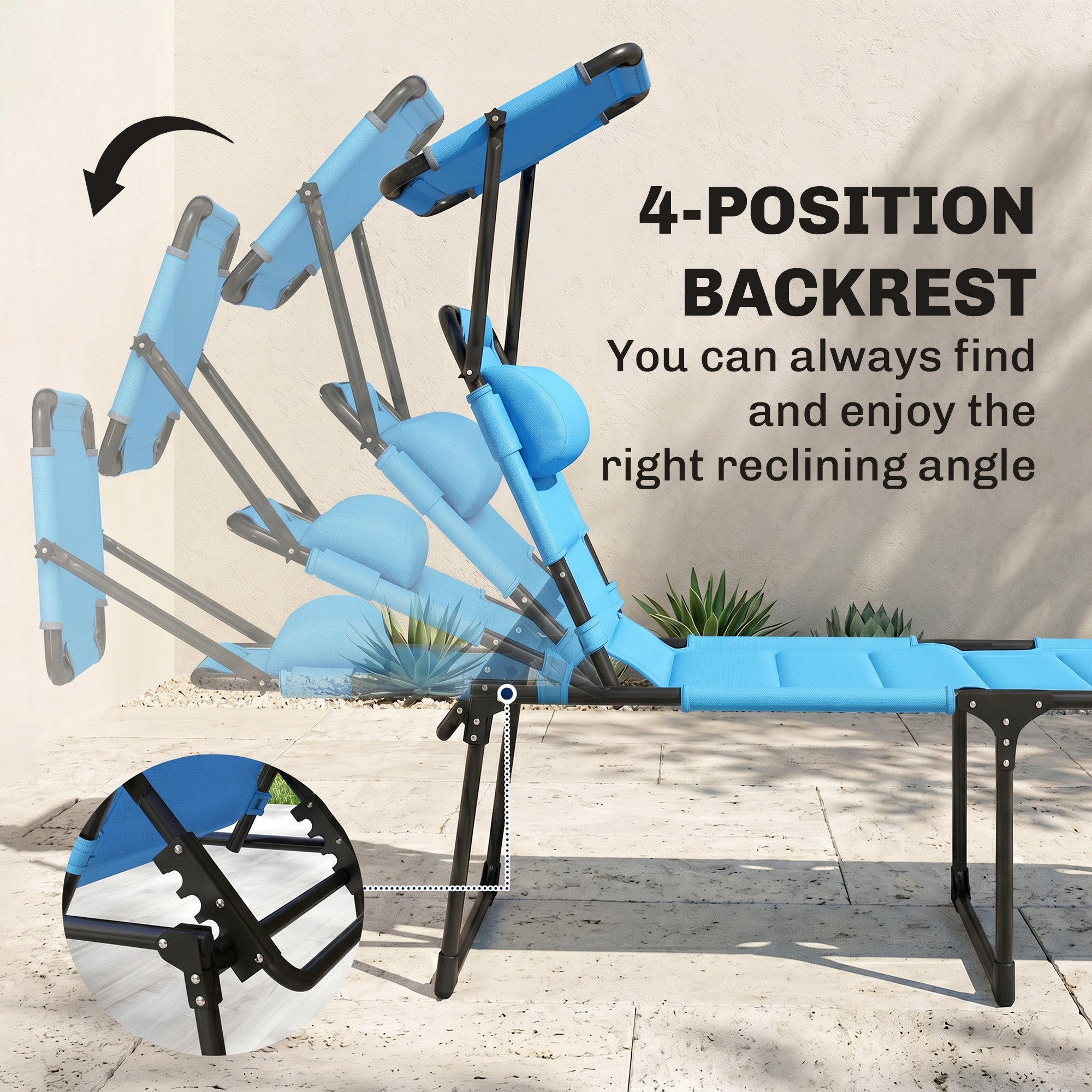 Outdoor Lounge Chair, 4 Position Adjustable Backrest, Folding, Cushioned w/ Sun Shade Roof & Pillow