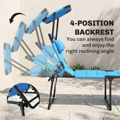 Outdoor Lounge Chair, 4 Position Adjustable Backrest, Folding, Cushioned w/ Sun Shade Roof & Pillow