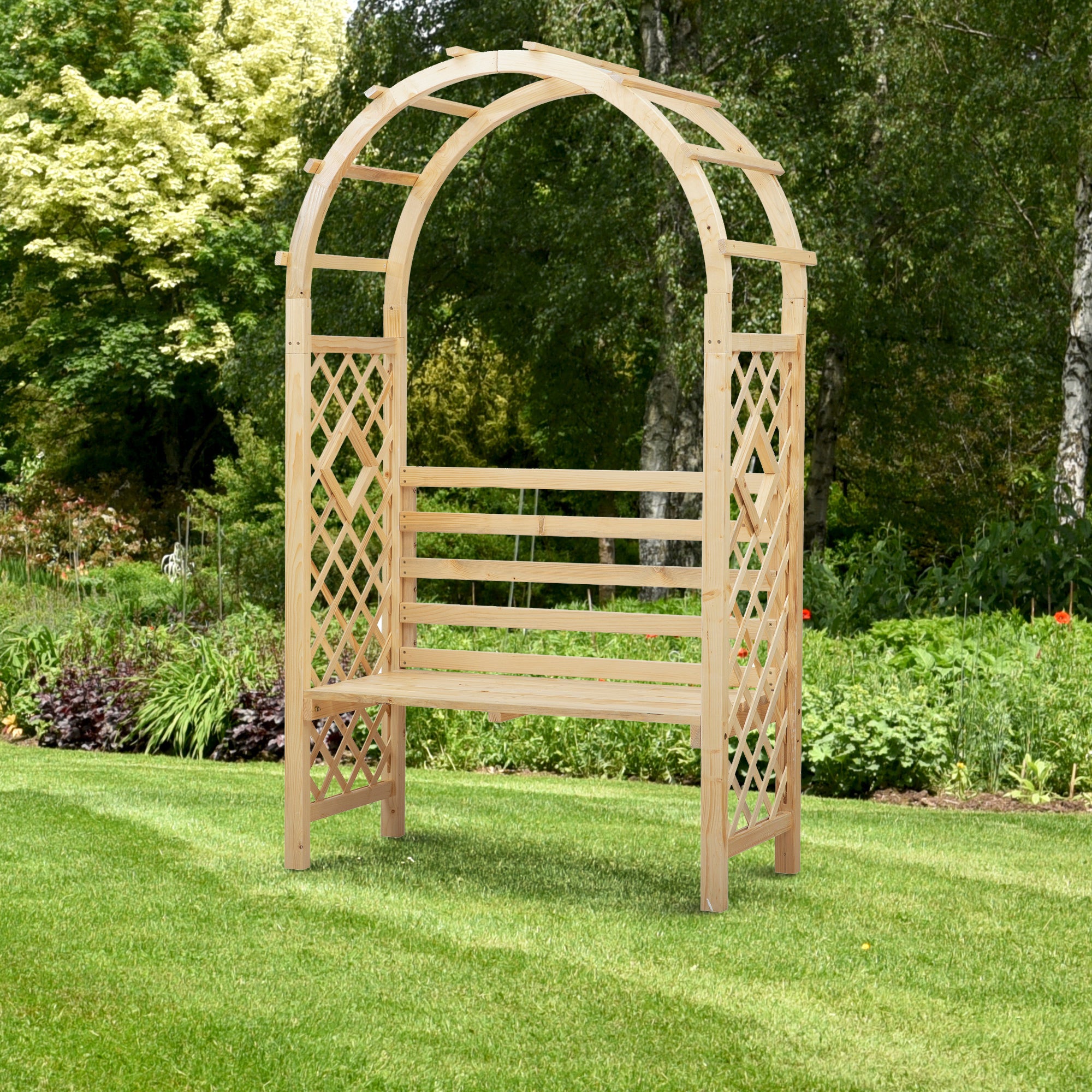 Wood Garden Arch with Bench Pergola Trellis for Vines/Climbing Plants, Perfect for the Backyard & Outdoor Space